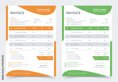 Minimal professional corporate colorful business invoice template design, bill form business invoice accounting, stationery design, payment agreement design template vector illustration.