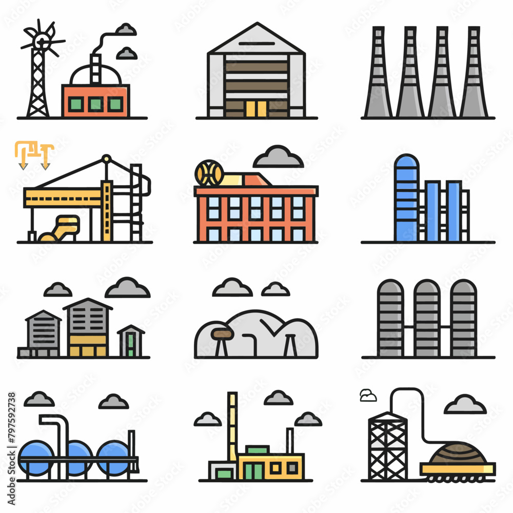 a set of different types of factory buildings