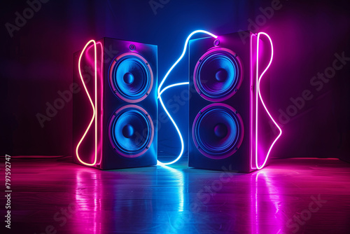 Two sound speakers in neon light with sound wave between them on black  © Fabio