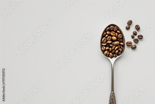 A spoon with coffee beans, white studio environment, Sony 90mm lens, top view, large area of white space --ar 3:2 Job ID: d9287909-31a5-4841-8c26-324c8221c3b3 photo