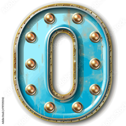 the letter o is made of metal and has rivets