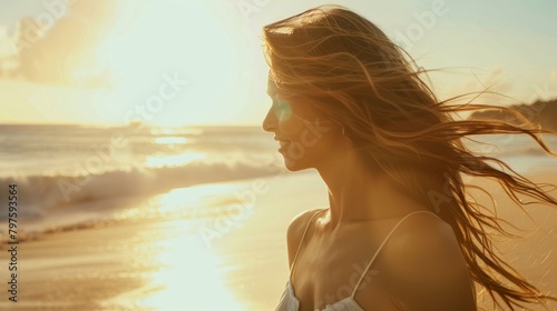 A woman casually strolling along a sunny beach next to the ocean with her hair being gently blown by the breeze