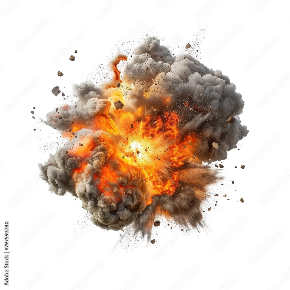 Deconstructed Explosion: Flames, Debris, and Smoke on Transparent Base
