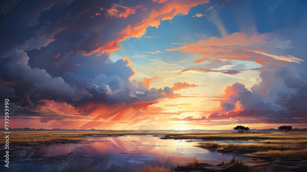 a watercolor wilderness, large sky, abstract, rule of thirds, complimentary colors, skillful lighting, reverent and tranquil, tranquil, oil painting, AI Generative