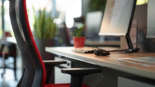 A closeup of a red chair placed in front of a computer desk within a modern office interior