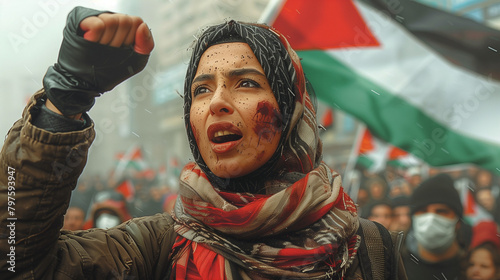 Empowered Arab Woman Protesting with Palestinian Flag, Fist Raised in Solidarity