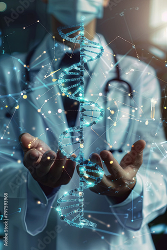 Medicine doctor holding blue helix DNA structure on hologram modern virtual screen interface and diagnose healthcare on digital network