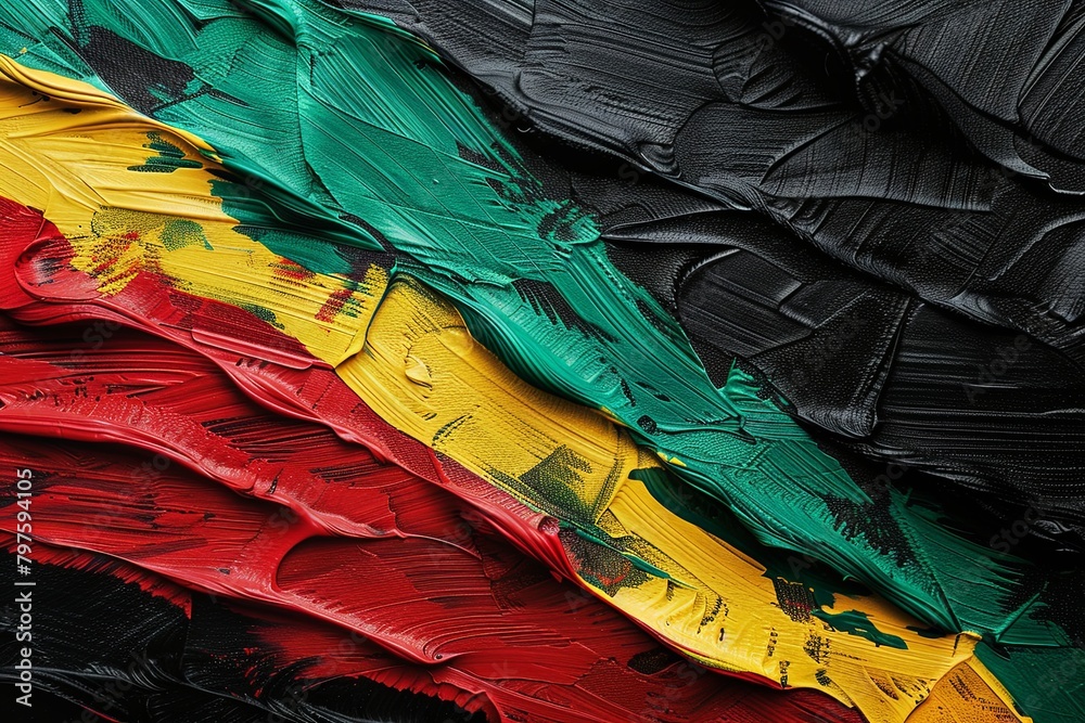 Black History Month banner, vibrant textile texture, red yellow green and black paint flag color background. Juneteenth Freedom Day Celebration, african liberation day concept 