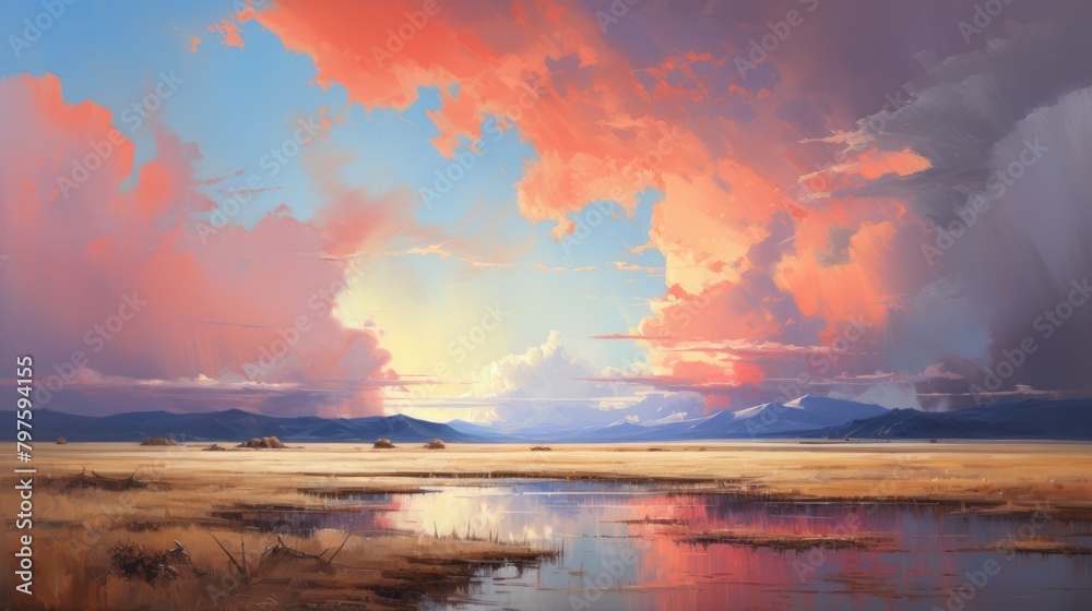 a painting wilderness, large sky, abstract, rule of thirds, complimentary colors, skillful lighting, reverent and tranquil, tranquil, oil painting, AI Generative