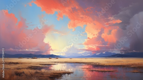 a painting wilderness  large sky  abstract  rule of thirds  complimentary colors  skillful lighting  reverent and tranquil  tranquil  oil painting  AI Generative