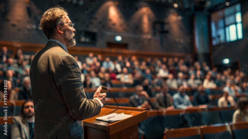 A man is standing at a podium in front of a crowd during a business seminar in a conference room