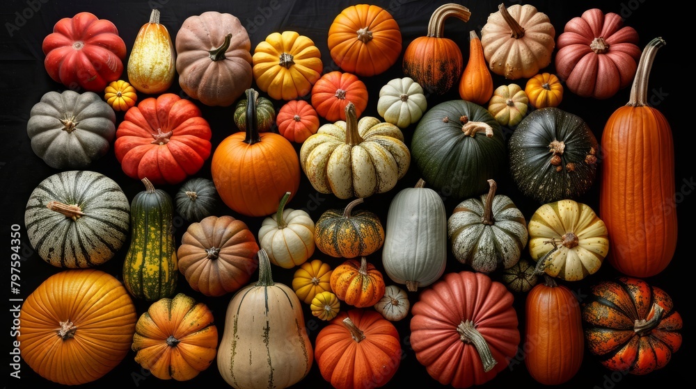 Various Halloween pumpkins arranged in different sizes and shapes, stacked on top of each other
