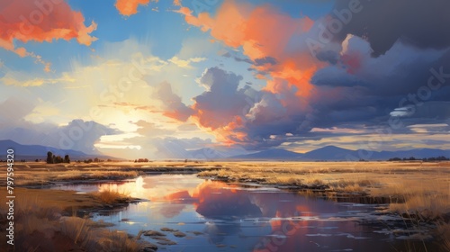 wilderness  large sky  abstract  rule of thirds  complimentary colors  skillful lighting  reverent and tranquil  tranquil  oil painting
