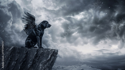 Black labrador with angel wings sitting on rocky ledge overcast sky