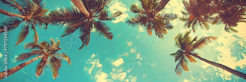 Blue sky and palm trees view from below, vintage style, tropical beach banner © Mari
