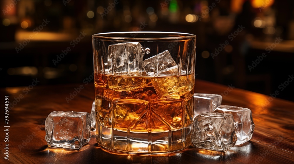 An amber colored whiskey served on the rocks in an elegant glass, set against a dark bar backdrop