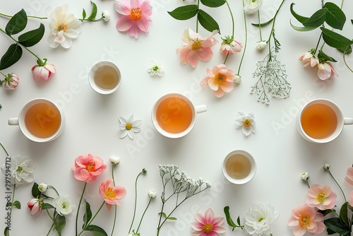 tea cups of drinks and flowers on light background 