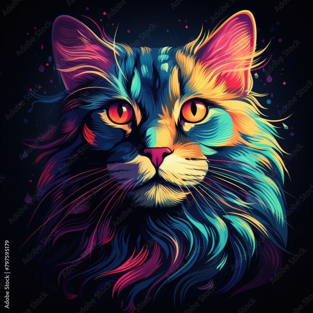 a Illustration Cat Alice in Wonderland on a black background with vibrant neon colors