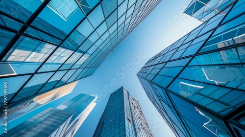 High-angle view of modern glass office buildings towering against a clear blue sky in the city