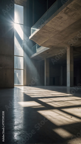 Sunlit concrete expanse indoors  with rays penetrating through the ceiling.