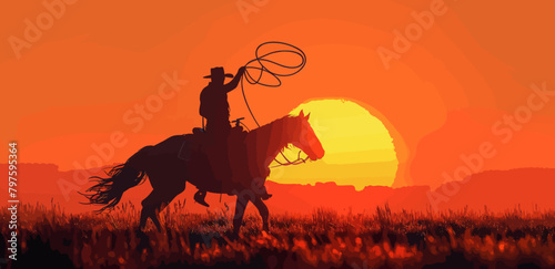 a silhouette of a cowboy on a horse with a lasso © Thuan