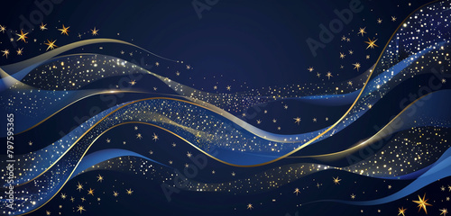 Elegant and festive design with sapphire blue waves and glittering gold stars.