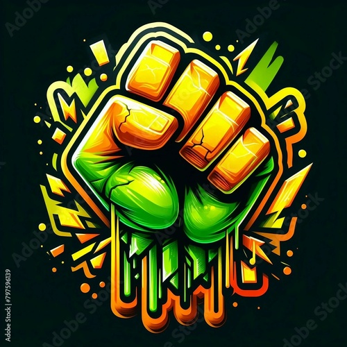 Sticker art of a fist, punch or boxing with yellow green orange neon effect and yellow stroke isolated on black background. Generative AI.