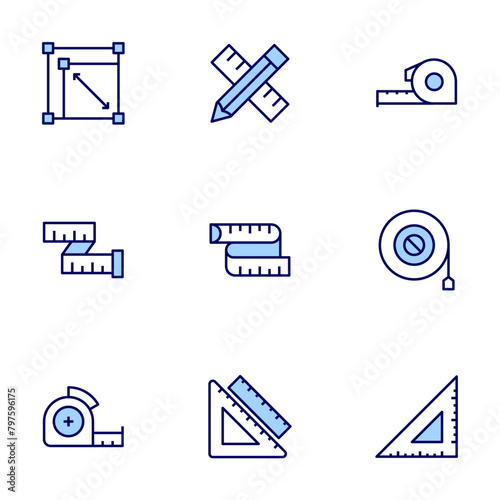 Measure icon set. Duo tone icon collection. Editable stroke, measuring tape, rescale, ruler, set square, tape measure, pencil. photo