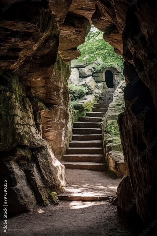 Obraz premium a serene stone passage leading to stairs and another tunnel, surrounded by greenery, evoking curiosity