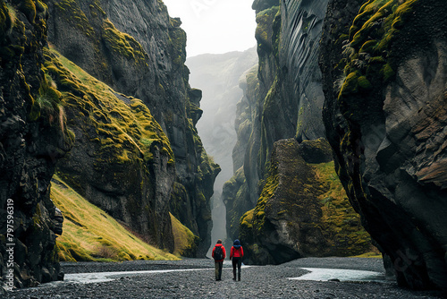 Two people in red jackets explore a majestic, narrow canyon with towering, moss-covered walls under a misty atmosphere photo
