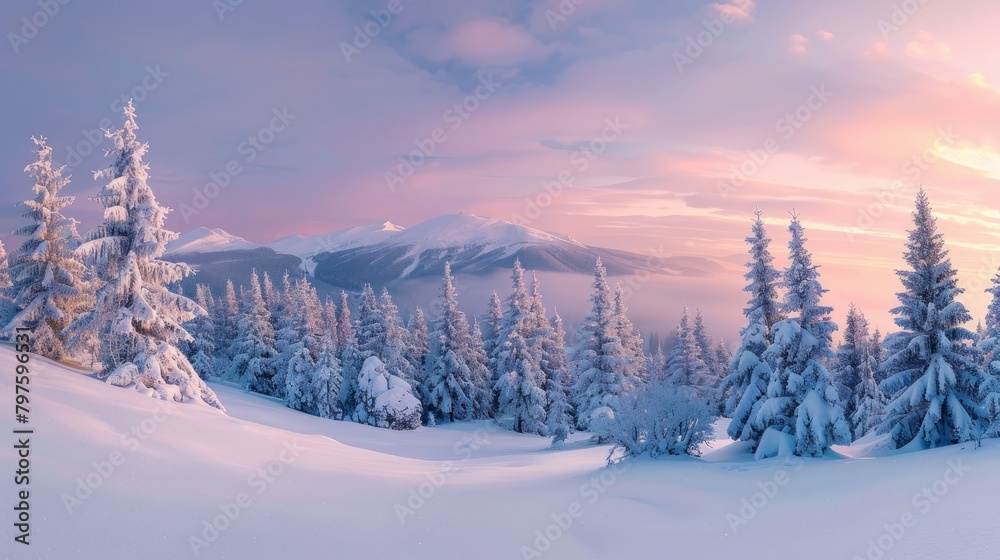 Snow-covered landscape with frost-dusted evergreen trees and distant mountains under soft light