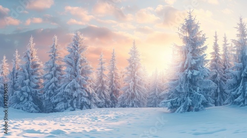 A panoramic view of a snow-covered landscape with evergreen trees dusted in frost  illuminated by soft light