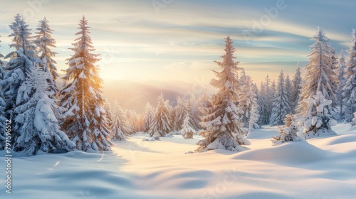 A panoramic view of a snowy landscape with evergreen trees covered in frost, illuminated by soft light