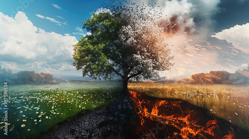 One half shows half a green tree, a meadow with green grass and daisies, a blue sky and white clouds. The other half depicts half a burnt tree, earth cracked by drought and fires photo