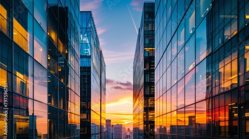 Glass office buildings in a city are illuminated by the setting sun  creating a stunning view from a high-rise building