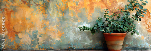 Potted green plant beside wall,
Vintage wall old vintage cement wall decorated in raw style old background wall
