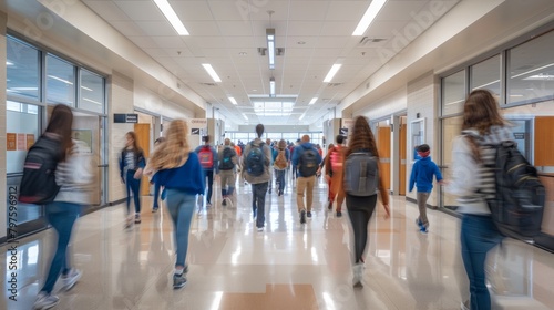 A wide-angle view of a bustling high school corridor filled with students walking to and from classes photo