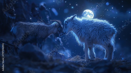 A magical encounter under the moonlight where a baby mountain goat and a baby serow touch noses, surrounded by twinkling stars and soft mist photo