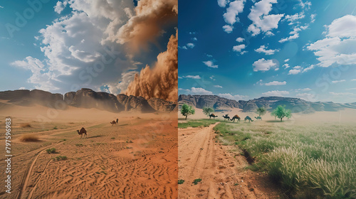 one half smoothly flows into the other. One half depicts a desert, a sandstorm and camels. The other half depicts a meadow with green grass, some trees, and a blue sky with white clouds photo