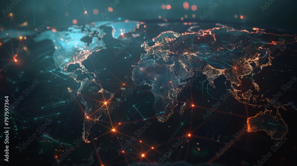 Abstract global network concept with world map and glowing connections