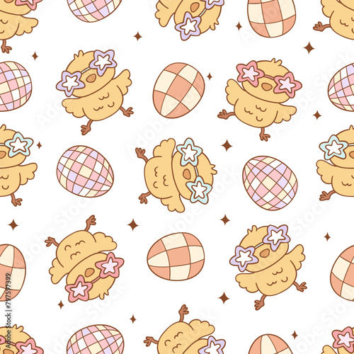 Draw seamless pattern groovy chicks with disco eggs Retro easter spring
