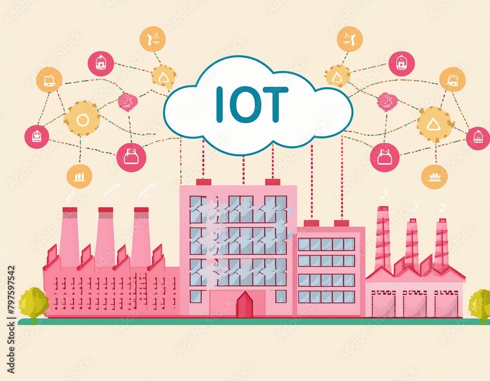 Modern factory, communication network. Telecommunication. IoT, Internet of Things, ICT, Information communication Technology,. Smart factory. Digital transformation, cloud connecting