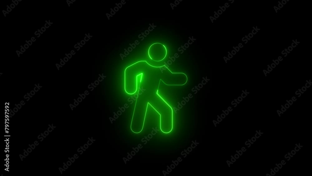 Neon glowing green color people walk icon on black background animation Neon glowing green color people walk icon on black background animation