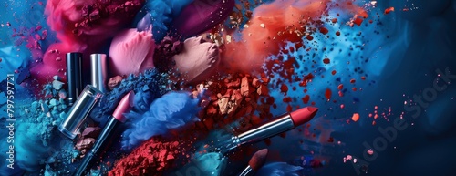 Produits de maquillage, rouge à lèvres, fond de teint, disposés en forme d'explosion sur un fond de couleurs vives avec des nuances de bleu, de rouge, d'orange et de violet. photo