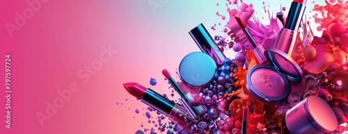 Produits de maquillage, rouge à lèvres, fond de teint, disposés en forme d'explosion sur un fond de couleurs vives avec des nuances de bleu, de rouge, d'orange et de violet, espace pour texte. photo