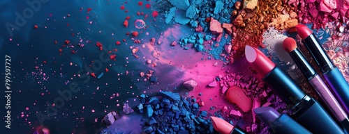 Produits de maquillage, rouge à lèvres, fond de teint, disposés en forme d'explosion sur un fond de couleurs vives avec des nuances de bleu, de rouge, d'orange et de violet, espace pour texte.