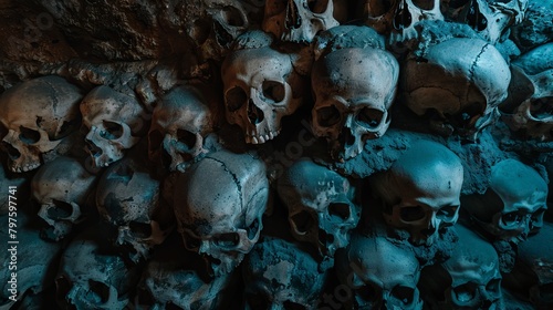 Mysterious catacomb skulls in shadowy ambiance photo