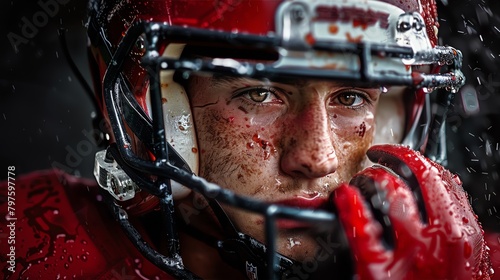 Artistic low-key image of an American Football player holding a helmet beside his face, capturing the essence of the game's toughness photo
