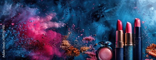 Produits de maquillage, rouge à lèvres, fond de teint, disposés en forme d'explosion sur un fond de couleurs vives avec des nuances de bleu, de rouge, d'orange et de violet, espace pour texte.