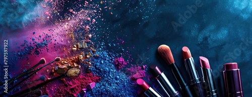 Produits de maquillage, rouge à lèvres, fond de teint, disposés en forme d'explosion sur un fond de couleurs vives avec des nuances de bleu, de rouge, d'orange et de violet, espace pour texte. photo